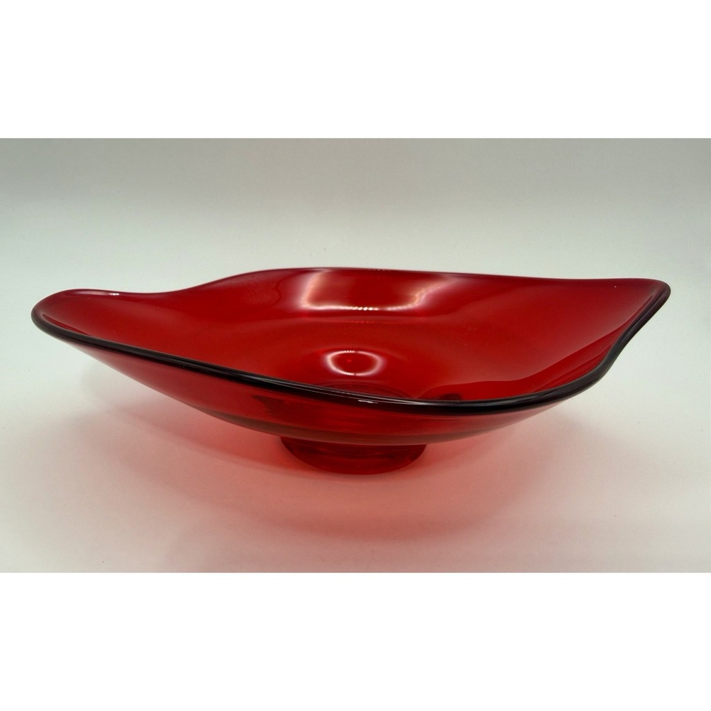 Vintage Viking Glass Ruby Red Asymmetrical Bowl Mid Century Modern Christmas 8”